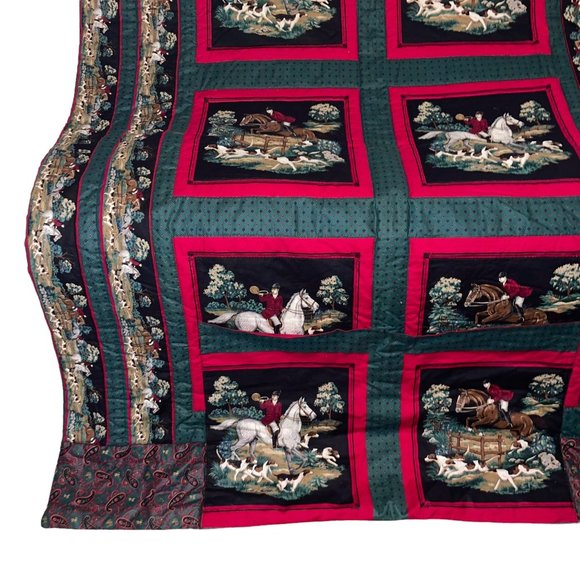 Handmade Vintage 70's Equestrian Horse Rider Beagle Hunting Paisley Quilt 66X52 - Picture 4 of 11